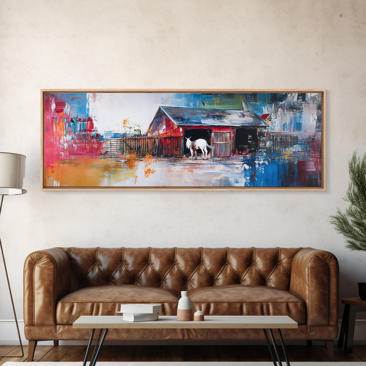Abstract Barn, barn landscape oil painting, farmhouse art, rustic wall art, extra wide art, framed canvas print, colorful decor