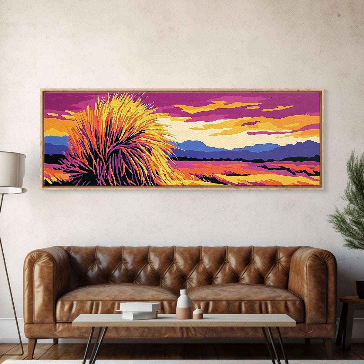 Southwest Desert Art, Joshua Tree Art, Pink Orange Wall Art, Sunset Painting, Abstract Art, Framed Canvas Print, Extra Wide Art