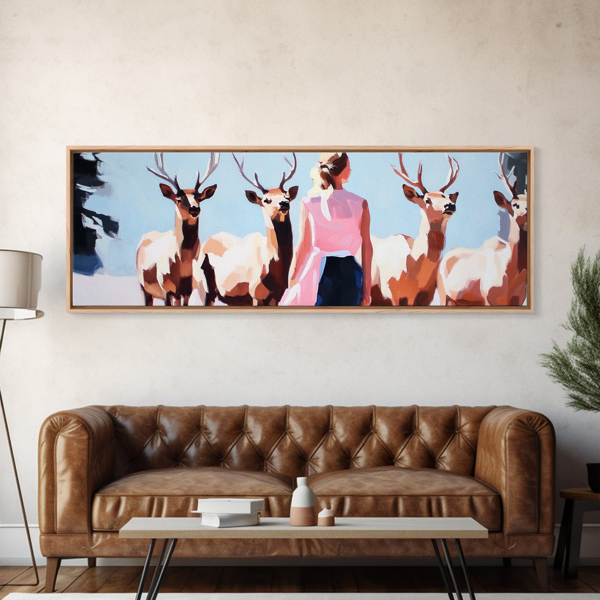 Elk Herd Painting, Mountain Landscape, Rustic Art, Southwest Wall Art, Hunting Lodge Art, Extra Wide Art, Framed Canvas Print
