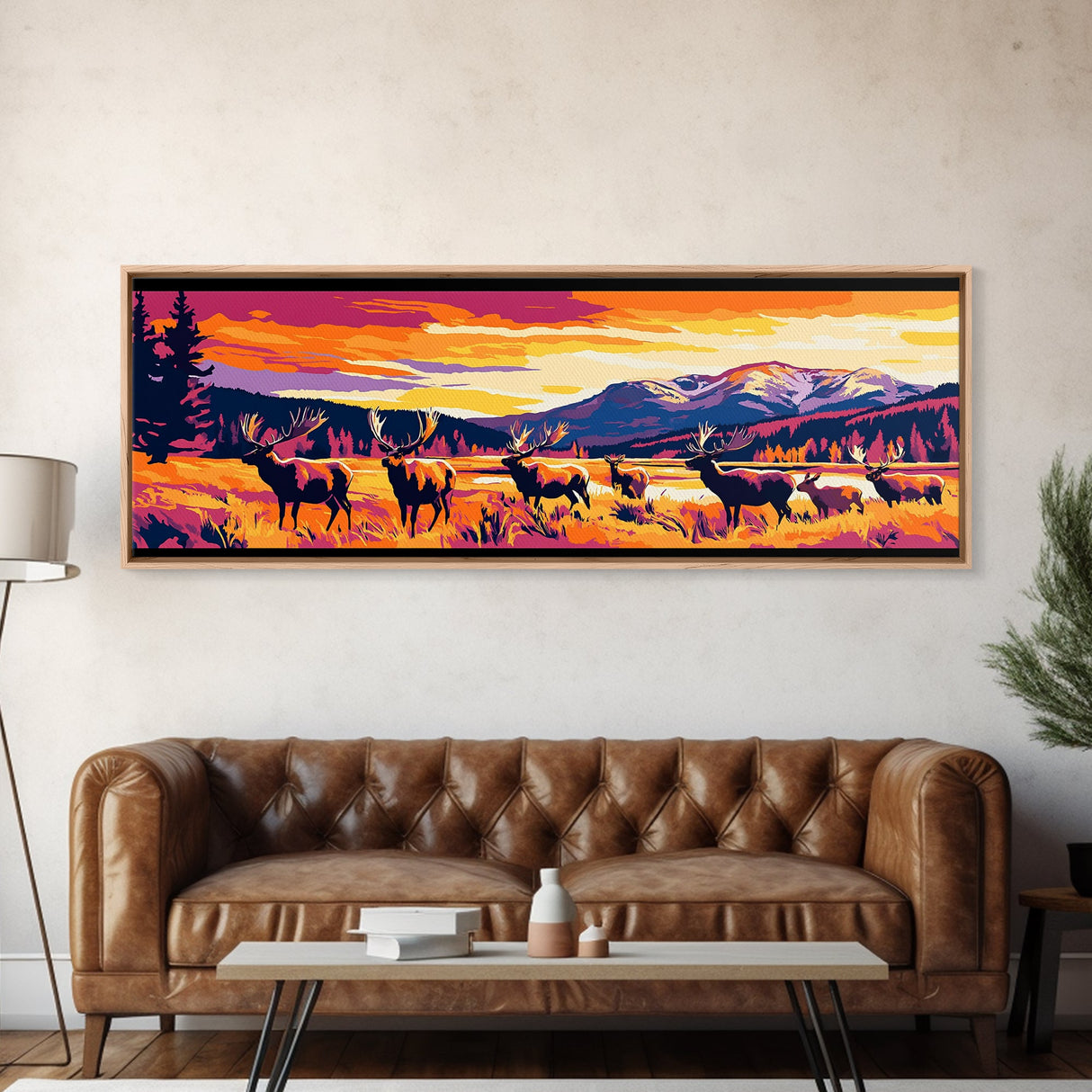 Vibrant Elk Painting, Sunset Mountain Art, Southwest Wall Art, Bold Color Art, Pink Orange Wall Art, Framed Canvas Print, Boho Art