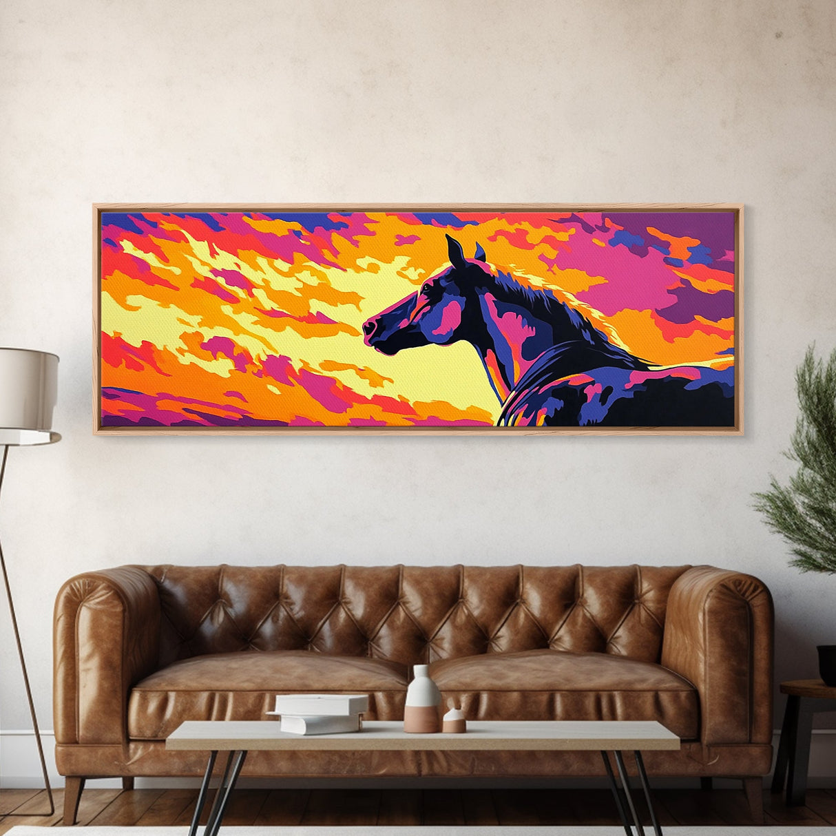 Wild horse, southwest wall art, pink orange wall art, geometric wall art, extra wide art, framed canvas print, panoramic painting, boho art