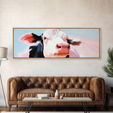 Cow painting, farmhouse art, rustic decor, barn landscape oil painting, extra wide art, framed canvas print, whimsical art, light pink wall art
