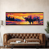 Buffalo painting, colorful animal art, rustic decor, extra wide art, framed canvas print, southwest wall art, landscape painting, wild west art