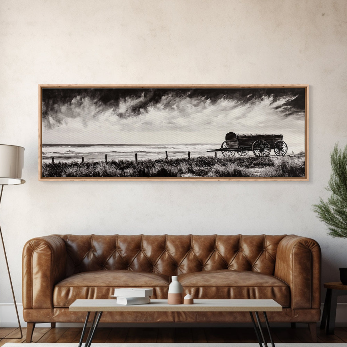 Stormy Wagon, black and white art, moody western painting, rustic decor, farmhouse wall art, extra wide panoramic art, framed canvas print.