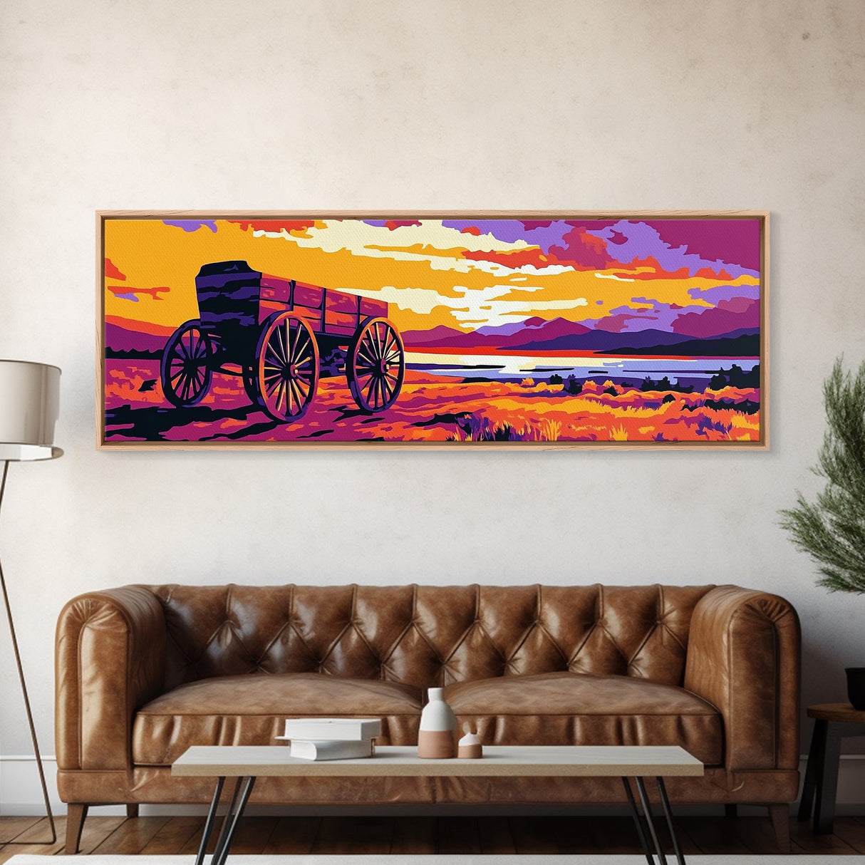 Seaside Wagon, nautical painting, coastal wall art, rustic beach decor, farmhouse art, extra wide panoramic art, framed canvas print