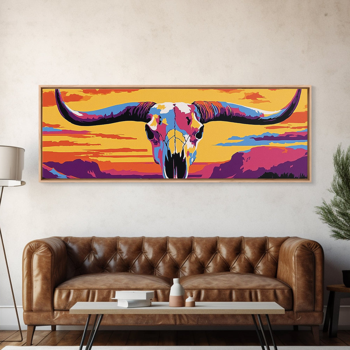 Longhorn Skull, southwest wall art, bull and bear art, pink orange wall art, extra wide art, Framed Canvas Print, rustic decor