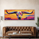 Longhorn Skull, southwest wall art, bull and bear art, pink orange wall art, extra wide art, Framed Canvas Print, rustic decor