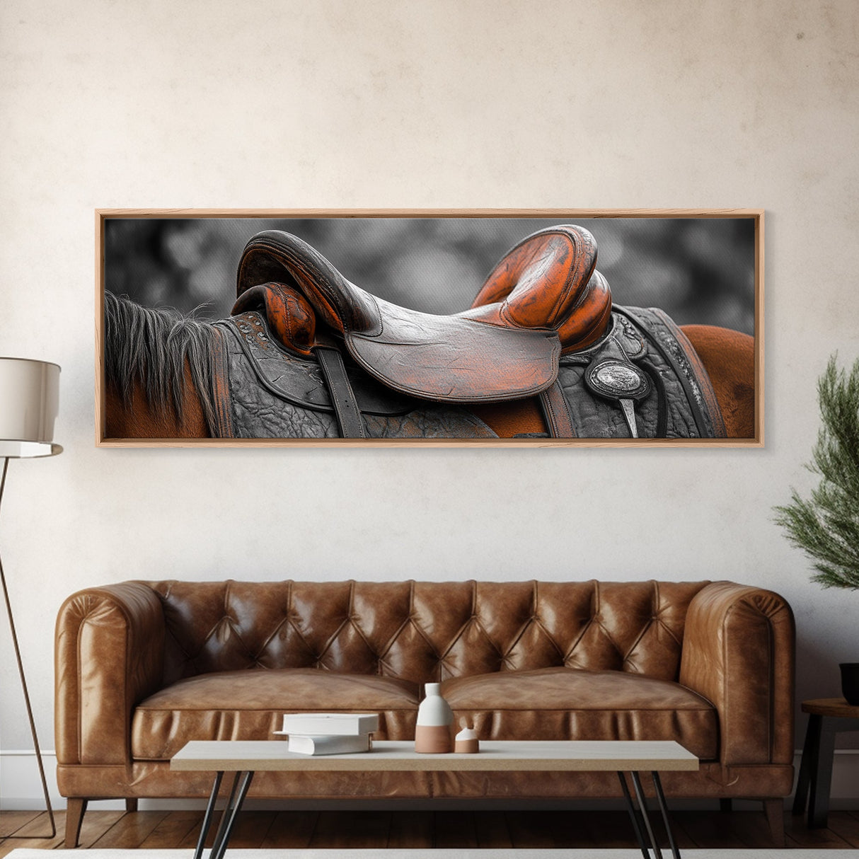 Leather Saddle, Vintage Horse Art, Rustic Wall Art, Horse Wall Art, Southwest Wall Art, Extra Wide Art, Framed Canvas Print, Boho Art