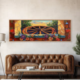 Rustic Wagon Wheel, farmhouse art, southwest wall art, wildflower painting, boho art, extra wide art, framed canvas print, landscape painting