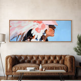 Pink Headdress, modern portrait, southwest wall art, moody art, framed canvas print, light pink wall art, gift idea for her
