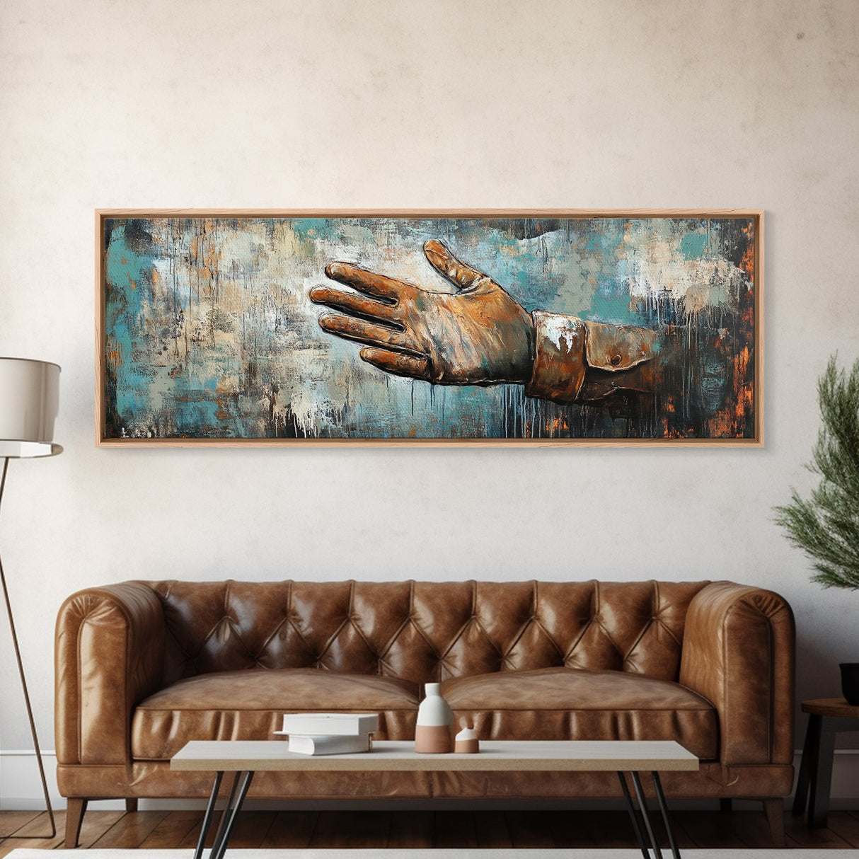 Rustic Leather Glove Art, Framed Canvas Print, Wabi Sabi Wall Art, Moody Art, Teal Wall Art, Extra Wide Art, Farmhouse Art