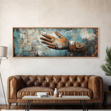 Rustic Leather Glove Art, Framed Canvas Print, Wabi Sabi Wall Art, Moody Art, Teal Wall Art, Extra Wide Art, Farmhouse Art