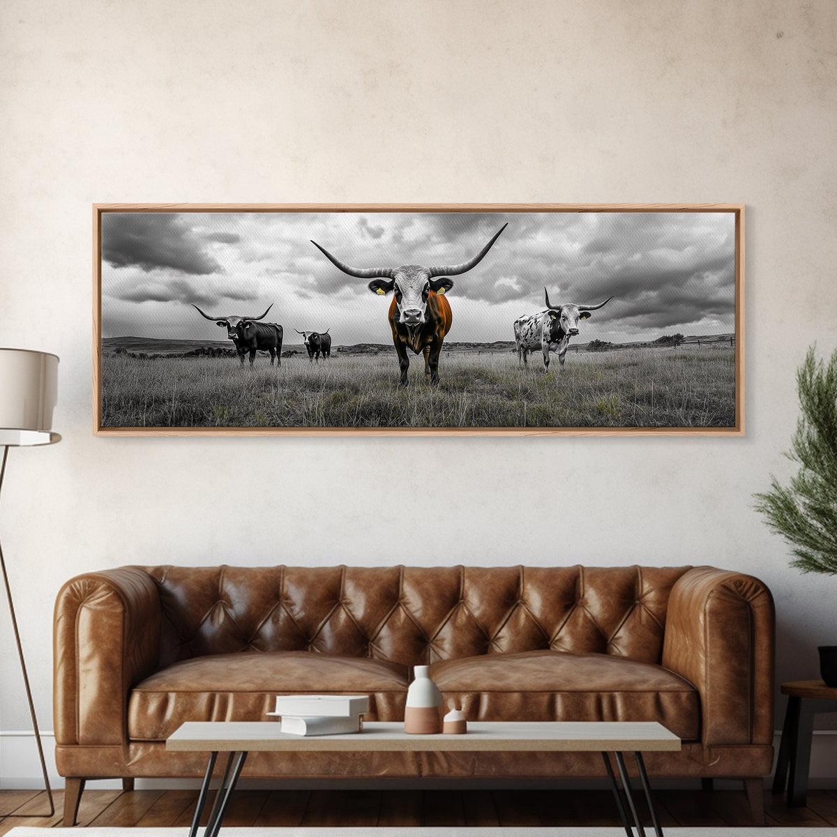 Texas Longhorns, Bull and Bear Art, Rustic Wall Art, Moody Art, Extra Wide Art, Framed Canvas Print, Horizontal Wall Art, Gift Idea