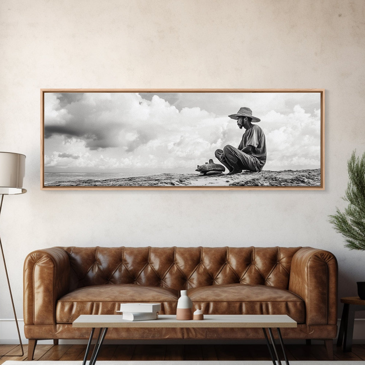 Man On Beach, Wabi Sabi Art, Framed Canvas Print, Coastal Landscape Art, Moody Art, Rustic Decor, Above Sofa Art, Minimalist Wall Art