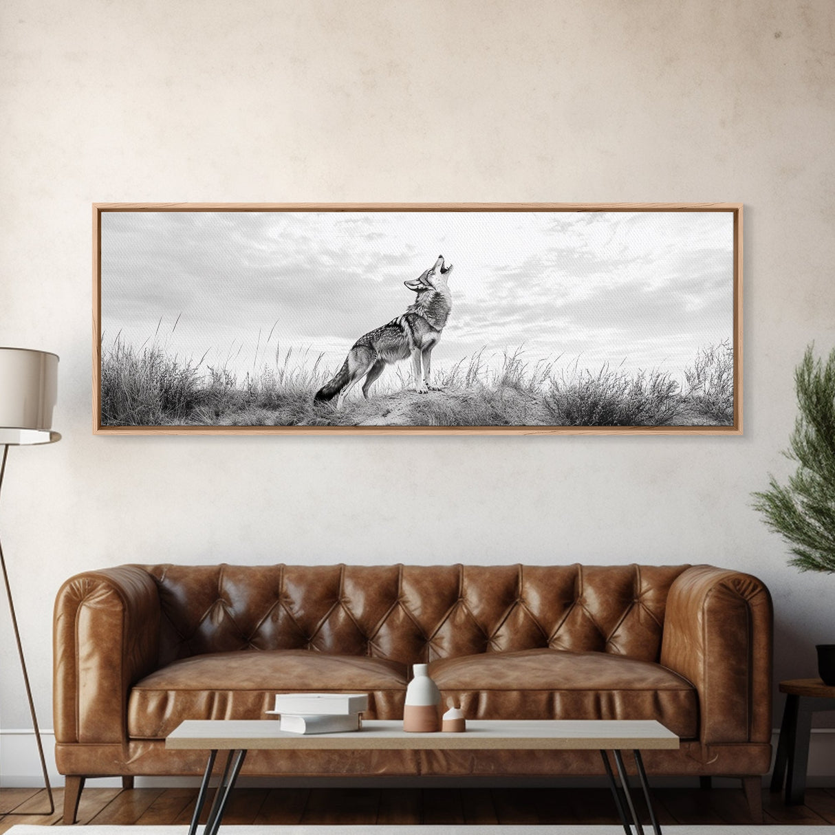 Lone Coyote, southwest wall art, wabi sabi art, extra wide art, moody art, landscape painting, framed canvas print, panoramic art
