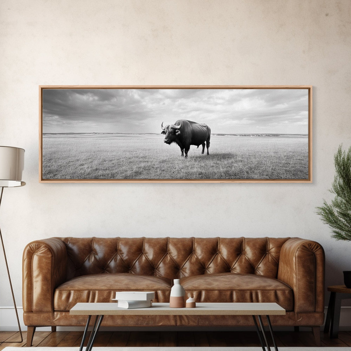 Lone buffalo, western landscape, rustic wall art, panoramic art, extra wide art, farmhouse decor, framed canvas print, wildlife painting, bull and bear art
