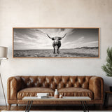 Longhorn, western landscape, bull and bear art, panoramic art, extra wide art, rustic wall art, framed canvas print, farmhouse decor, moody art