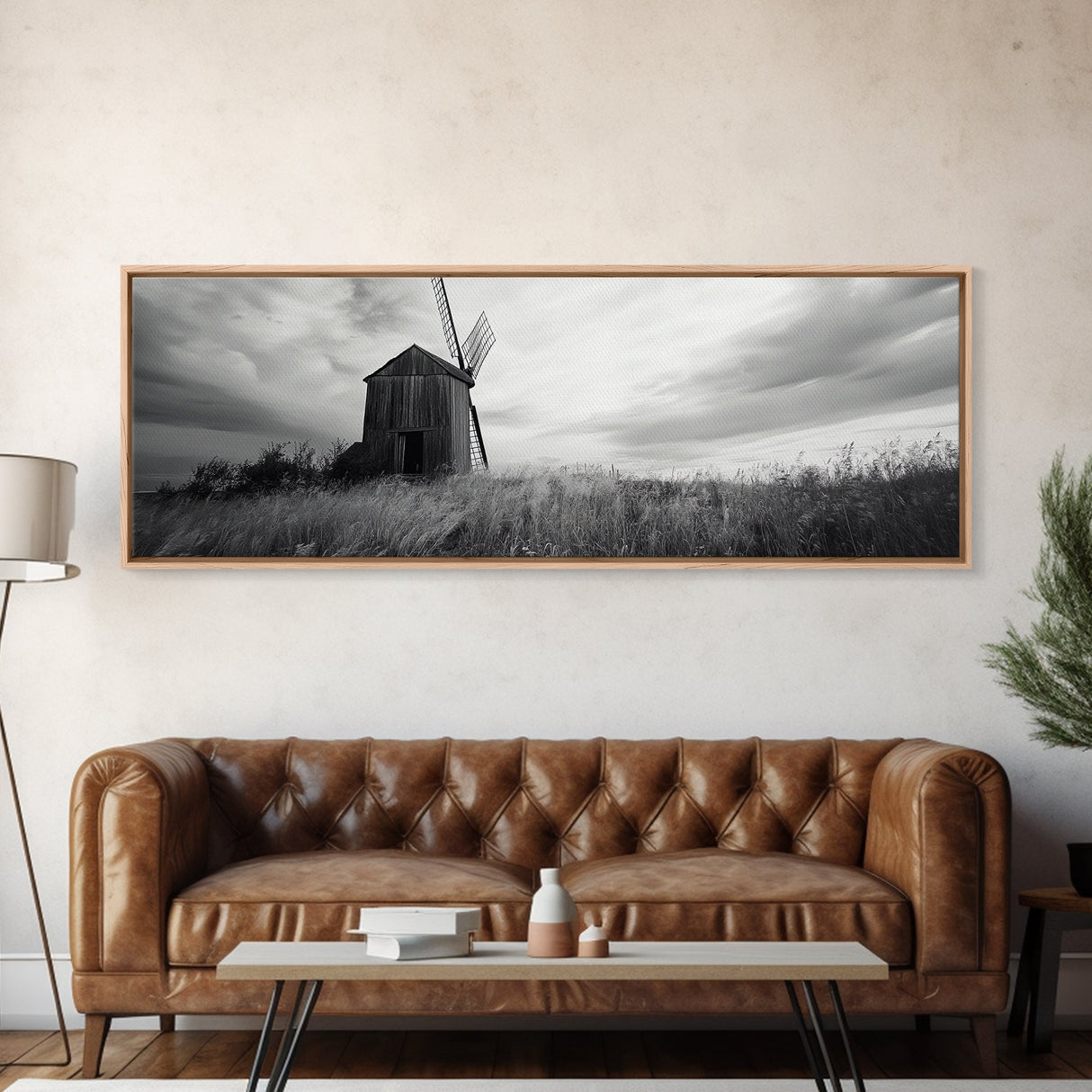 Rustic Windmill, panoramic art, farmhouse art, extra wide wall art, windmill wall art, landscape painting, framed canvas print