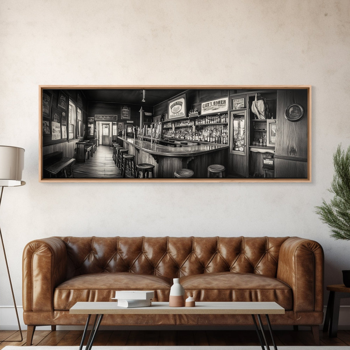 Western Saloon, rustic wall art, extra wide art, panoramic art, farmhouse art, bar decor, moody art, framed canvas print, above sofa art