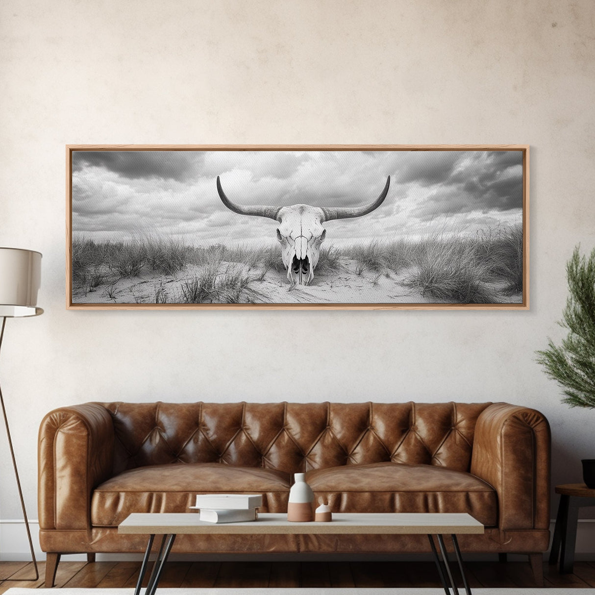 Longhorn Skull, skull art, western wall art, rustic decor, moody art, desert painting, farmhouse art, panoramic art, framed canvas print