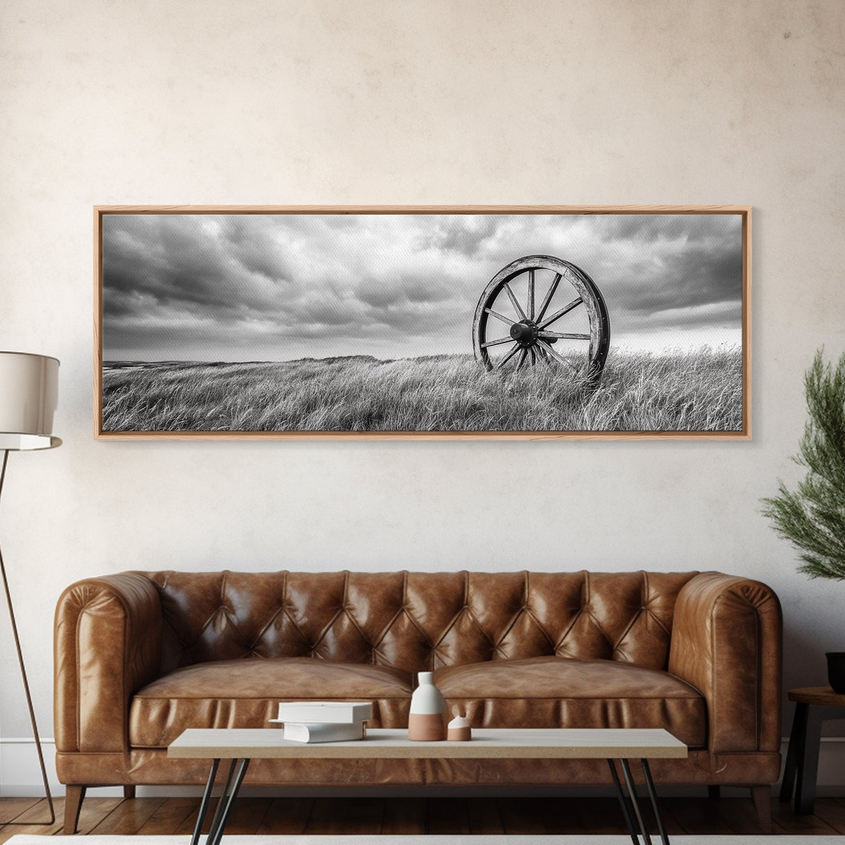 Wagon Wheel, rustic decor, farmhouse art, extra wide art, panoramic painting, country decor, cowboy art, framed canvas print, moody art