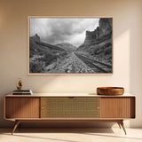 The Train Tracks, Framed Canvas Print, Black and White Western Photography, Wild West Art, Metal Art, Metal Print, Rustic Country Wall Art