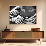 Black and White Wave Canvas Print, Hokusai Inspired Wall Art, Woodblock Print Style, Wall Art, Vintage Style Wall Art