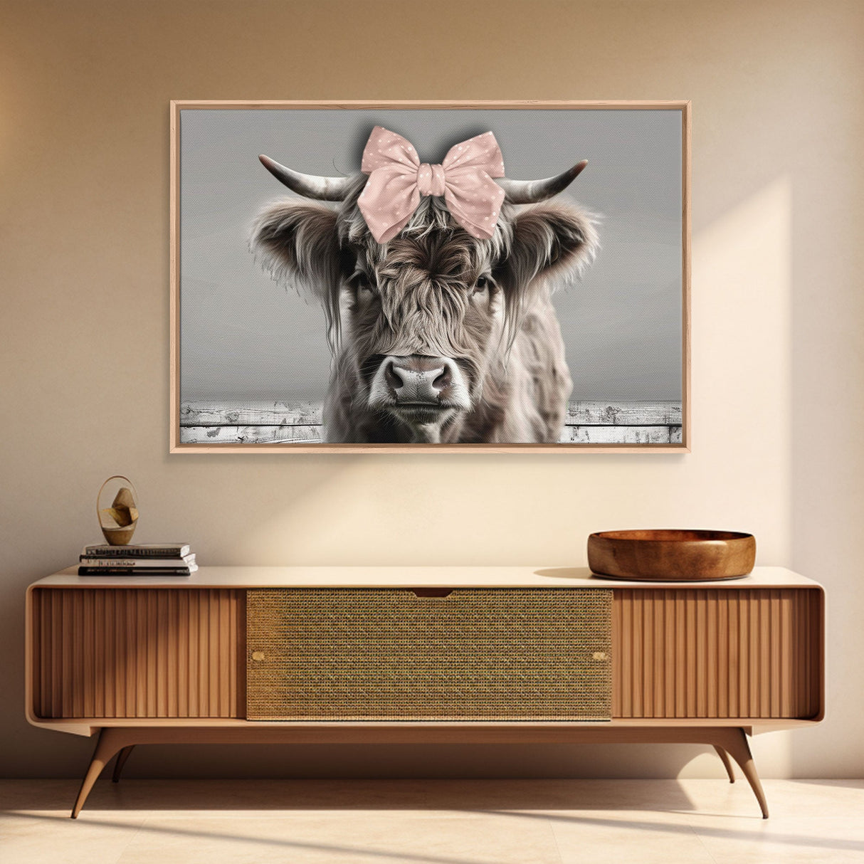 Framed Canvas Print, Cute Highland Cow Wearing A Pink Bowtie, Framed Wall Decor, Rustic Minimalist Farmhouse Decor, Western Art