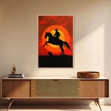 Cowboy on Horse with Dramatic Sunset Background | Framed Canvas Print | Western Silhouette Art | Sunset Cowboy Wall Art for Bedroom