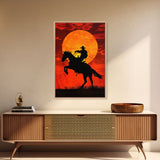 Cowboy Riding Horse into the Sunset | Framed Canvas Print | Western Silhouette Art | Rustic Cowboy Wall Art for Living Room