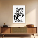 Dynamic Cowboy on Rearing Horse - Framed Canvas Print, Western Wall Art, Rustic Decor, Living Room and Bedroom Art Print