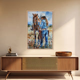 Cowboy on Rearing Horse Silhouette - Framed Canvas Print, Western Wall Art, Rustic Decor, Living Room and Bedroom Art Print