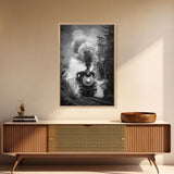 Steam Locomotive in the Forest Black and White Photography - Framed Canvas Print, Railroad Art, Vintage Train Wall Art for Home