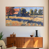 Tranquil Farmhouse with Red Roof, Framed Canvas Print, Great for Living Room Art, Pastoral Home Decor, Peaceful Bedroom Wall Art