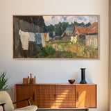 Rustic Farmyard with Laundry, Framed Canvas Print, Farmhouse Wall Art, Living Room Decor, Country Style, Outdoor Scene