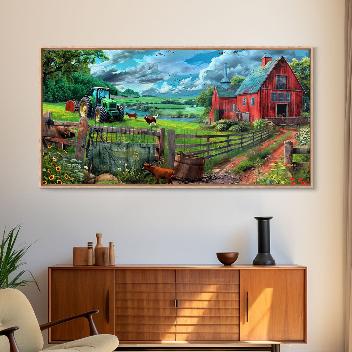 Green Tractor and Red Barn with Farm Animals, Vibrant Rural Art, Framed Canvas Print, Country Wall Decor, Living Room Decoration