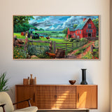 Green Tractor and Red Barn with Farm Animals, Vibrant Rural Art, Framed Canvas Print, Country Wall Decor, Living Room Decoration