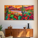 Majestic Cacti and Mountains at Sunset, Captivating Framed Canvas Print for Bedroom, Southwestern Style Wall Art, Nature Scene