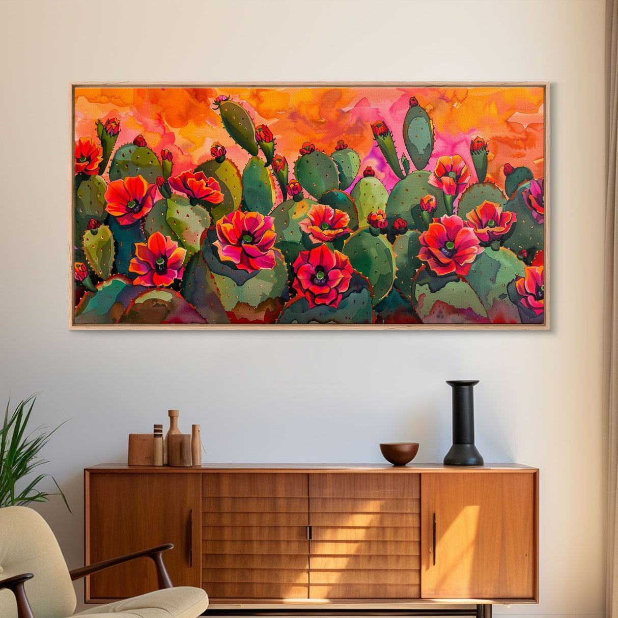 Lush desert landscape with blooming cacti at sunset, Framed Canvas Print, ideal for minimalist living room, wall art decor