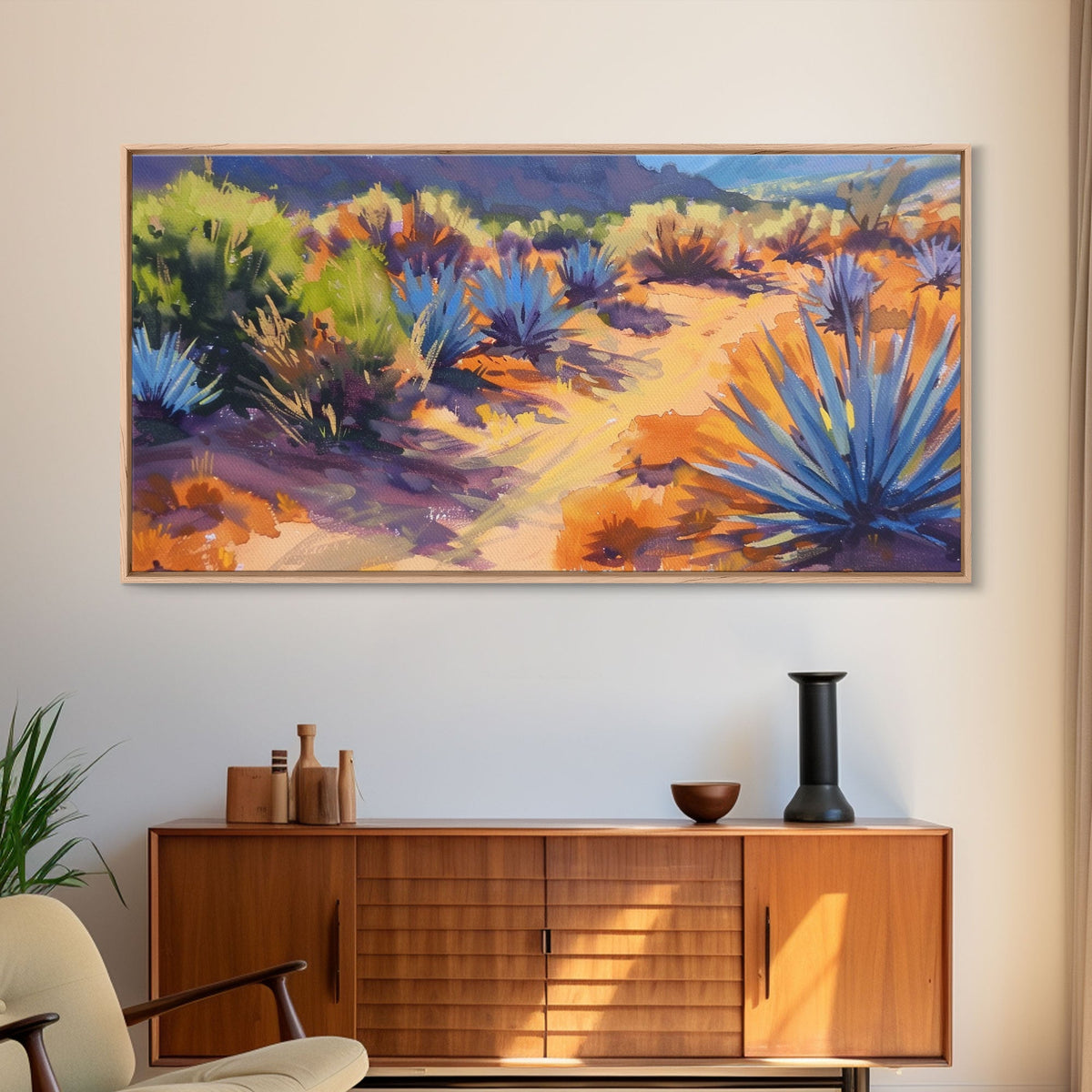 Desert Pathway with Vibrant Foliage, Perfect for Living Room Art, Framed Canvas Print, Bohemian Decor, Nature Inspired Wall Art