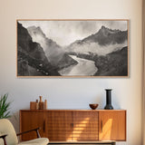 River Flowing through Mountain Valley, Black and White Framed Canvas Print for Farmhouse Bedroom Wall Art, Home Decoration, Scenic Nature