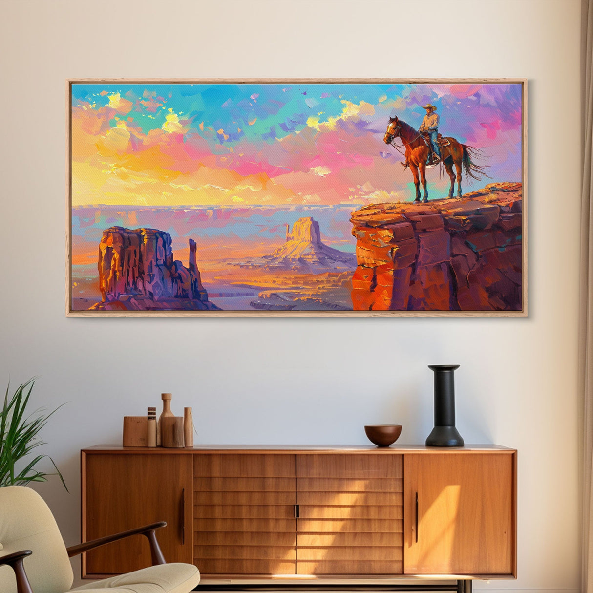Cowboy Overlooking Monument Valley, Farmhouse Style Framed Canvas Print for Bedroom Wall Art, Rustic Home Decor, Scenic Western Landscape