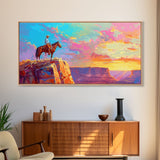 Cowboy Watching Sunset Over Canyon, Farmhouse Style Framed Canvas Print for Living Room Wall Art, Vibrant Home Decor, Western Landscape