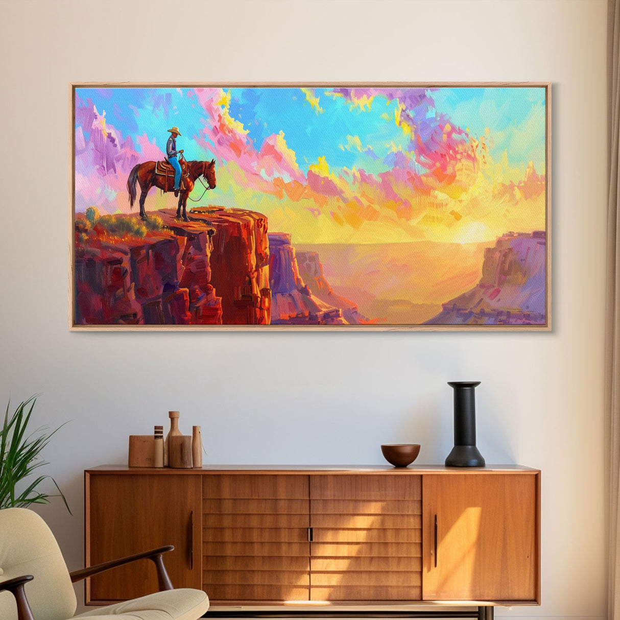 Cowboy on Horse Under Vibrant Sky, Farmhouse Style Framed Canvas Print for Bedroom Wall Art, Rustic Home Decor, Western Scenic Art