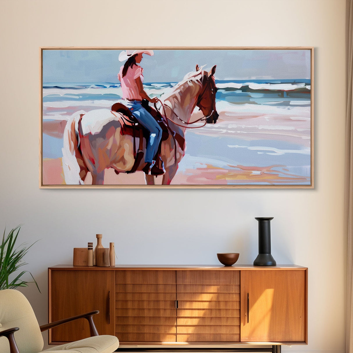 Horseback Riding by the Sea, Calm Framed Canvas Print, Perfect for Coastal Living Room Art, Beach Bedroom Decor, Equestrian Wall Art