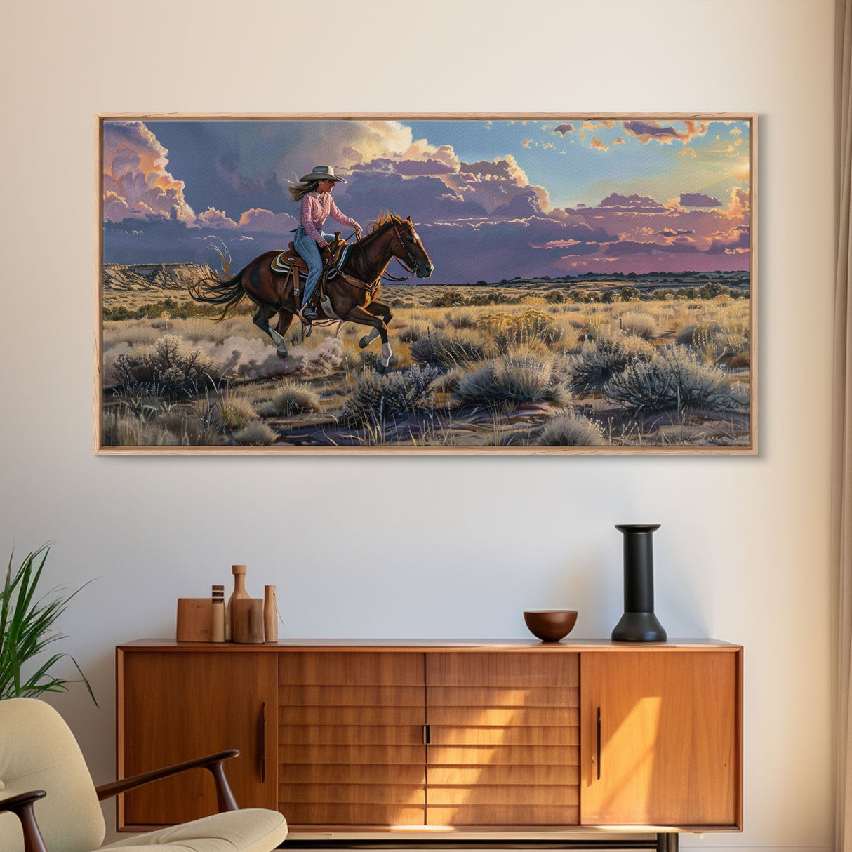 Cowgirl Galloping Across Desert Landscape, Vibrant Framed Canvas Print, Perfect for Living Room Art, Western Bedroom Decor, Desert Wall Art