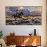 Cowgirl Galloping Across Desert Landscape, Vibrant Framed Canvas Print, Perfect for Living Room Art, Western Bedroom Decor, Desert Wall Art
