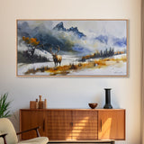 Majestic Elk in Snowy Mountain Scene, Beautiful Framed Canvas Print,for Living Room Art Rustic Bedroom Decor Nature Wall Art, Wildlife Scene