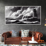 Lighthouse in a storm, black and white, tsunami waves, framed canvas print, ready to hang framed wall art