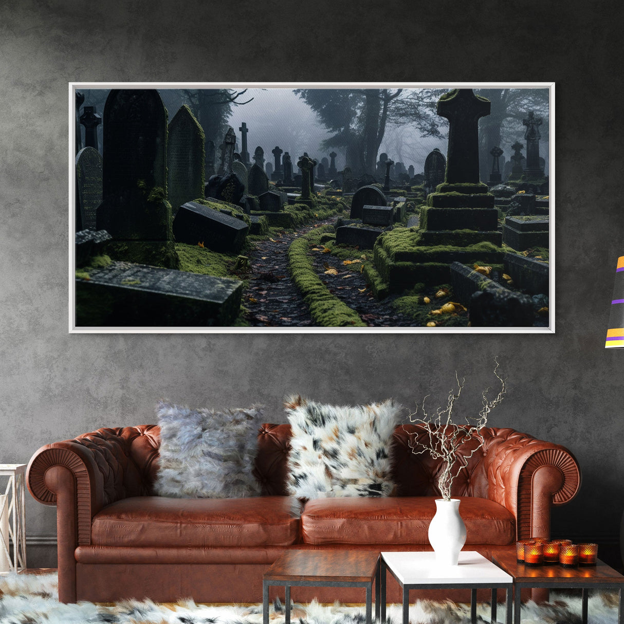 Moss Covered Cemetary, Haunted Graveyard Photography, Halloween Decor, Framed Canvas Print, Halloween Wall Art